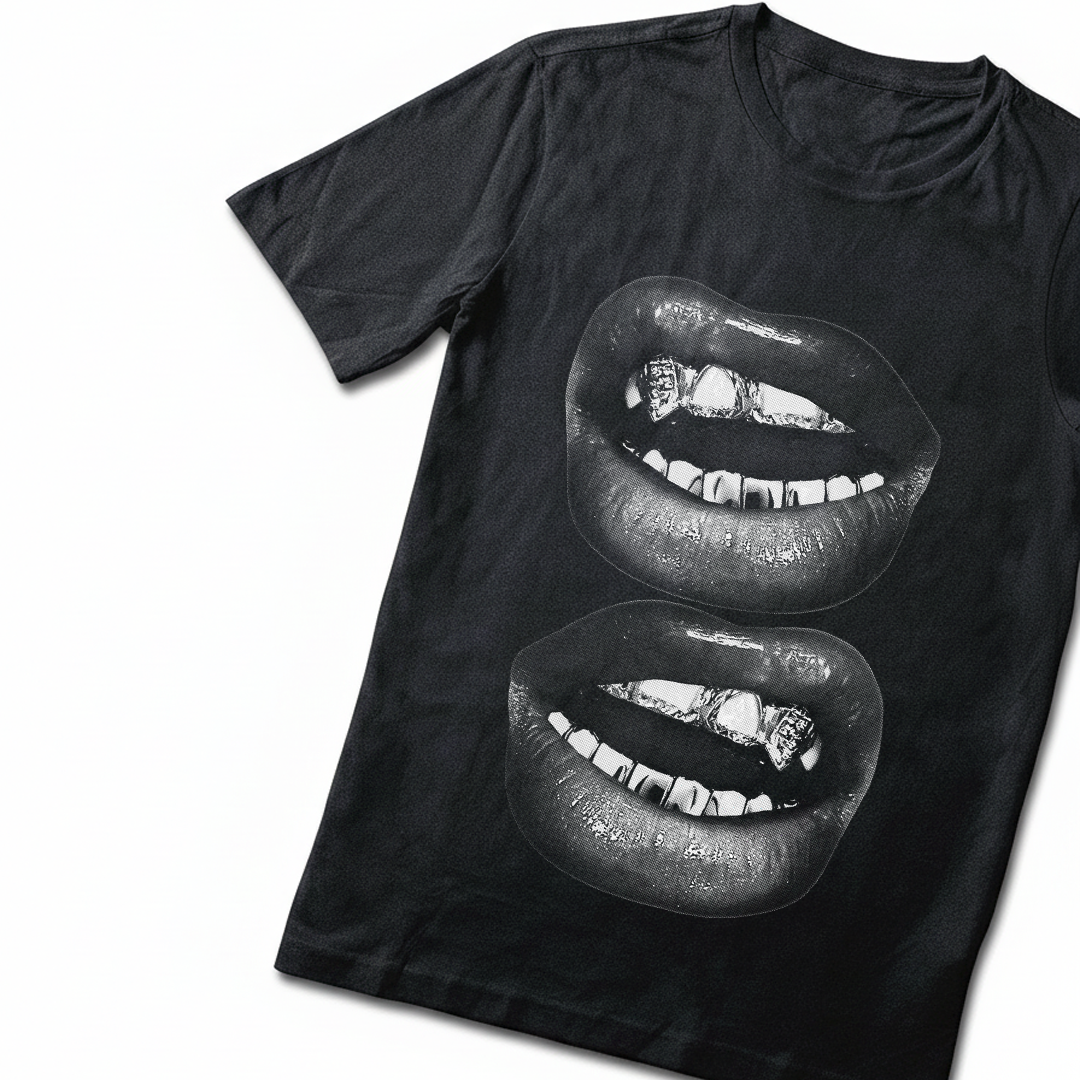 Black t-shirt with graphic of lips on a white background