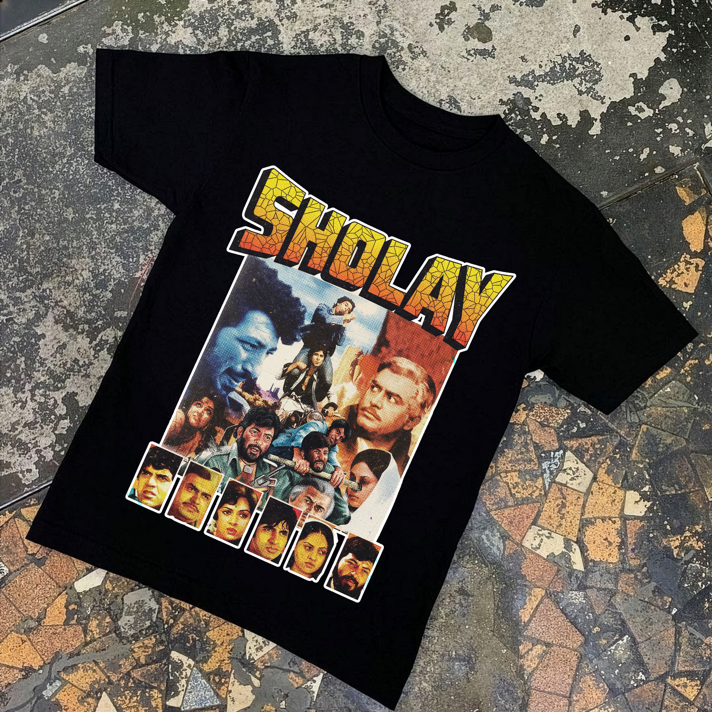 Sholay Vintage Bollywood Movie Poster Black Tee (Unisex)