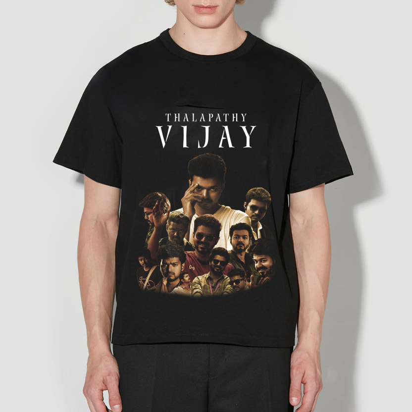 Person wearing a black t-shirt with 'Thalapathy Vijay' graphic design on a white background