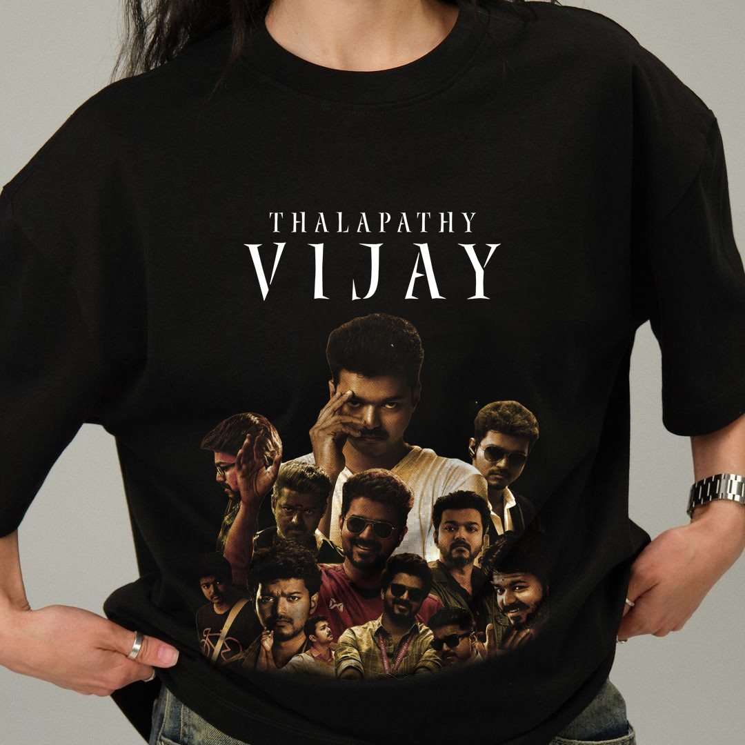 Person wearing a black t-shirt with 'Thalapathy Vijay' graphic design.