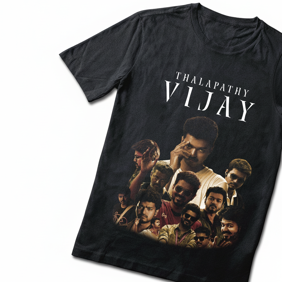 Black t-shirt with 'Thalapathy Vijay' graphic design on a white background